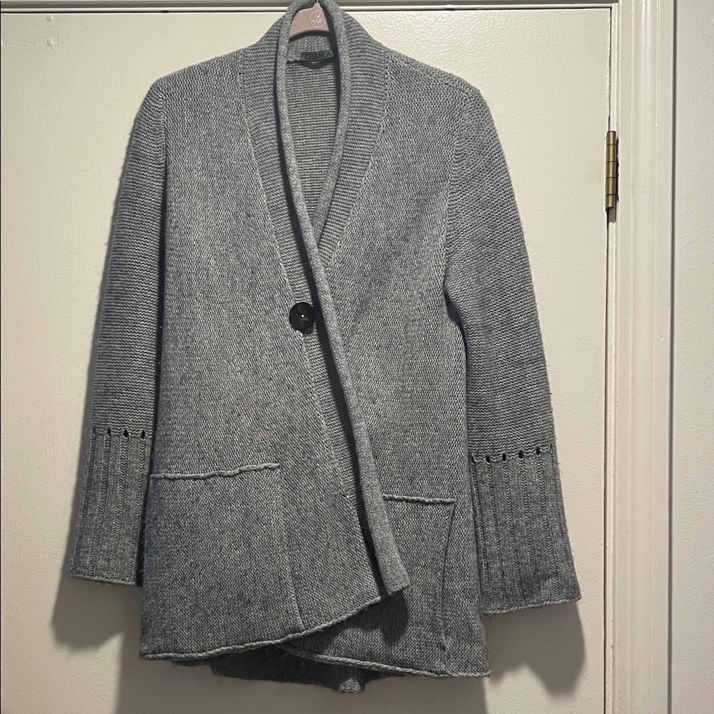 Oska ITALY Grey Open Front Single Button Closure Cardigan Luxury Sweater